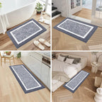 Bathroom rug shown in bathroom kitchen entryway and bedroom
