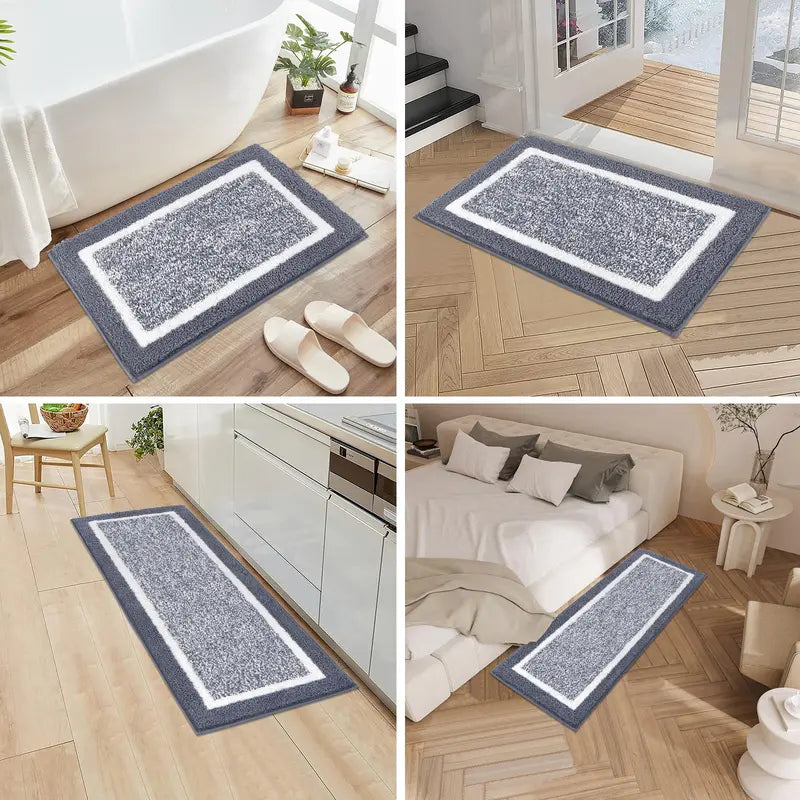 Bathroom rug shown in bathroom kitchen entryway and bedroom