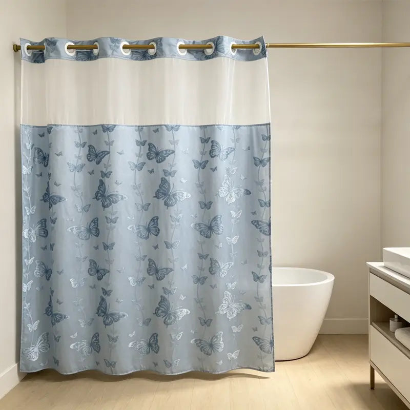 Blue butterfly hook-free shower curtain with sheer window