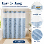 Blue butterfly shower curtain features and 72 by 75 inch size