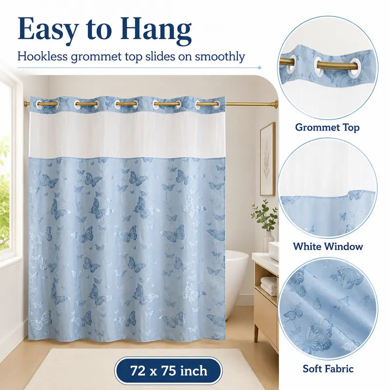 Blue butterfly shower curtain features and 72 by 75 inch size