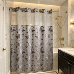 Gray butterfly hook-free shower curtain with sheer window