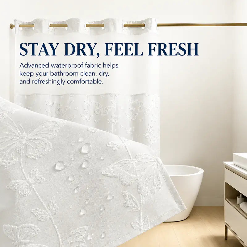 White butterfly shower curtain water-resistant fabric detail