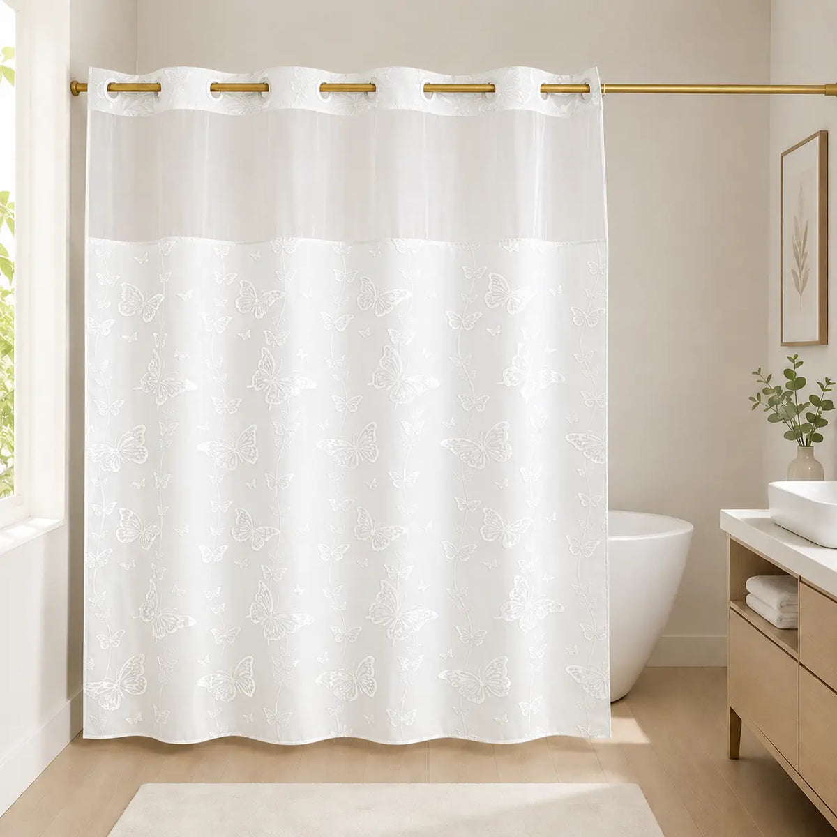 White butterfly hook-free shower curtain with sheer window