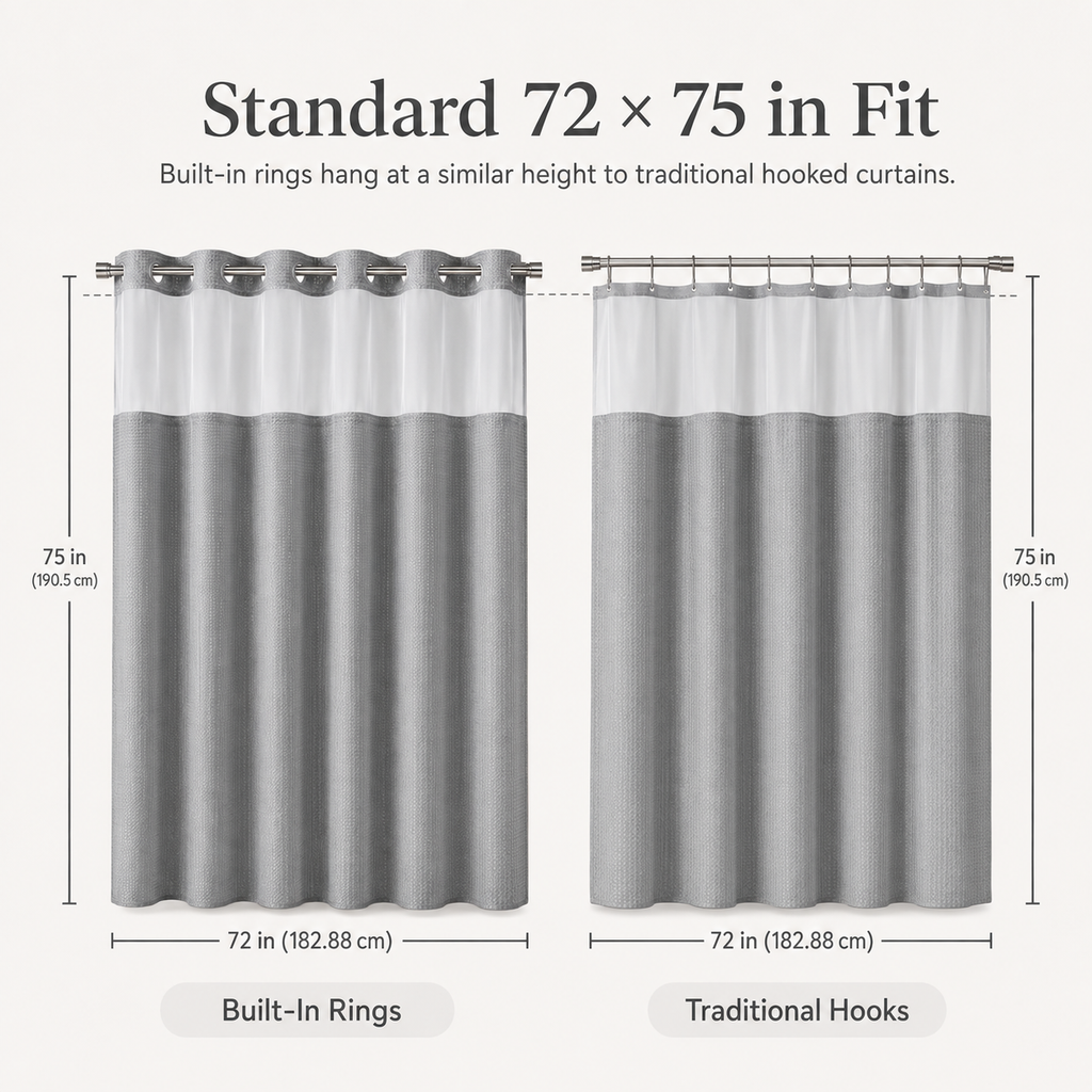 Hook-free shower curtain height compared with traditional hooked curtain