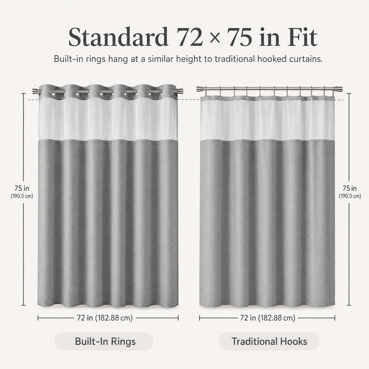 Hook-free shower curtain height compared with traditional hooked curtain