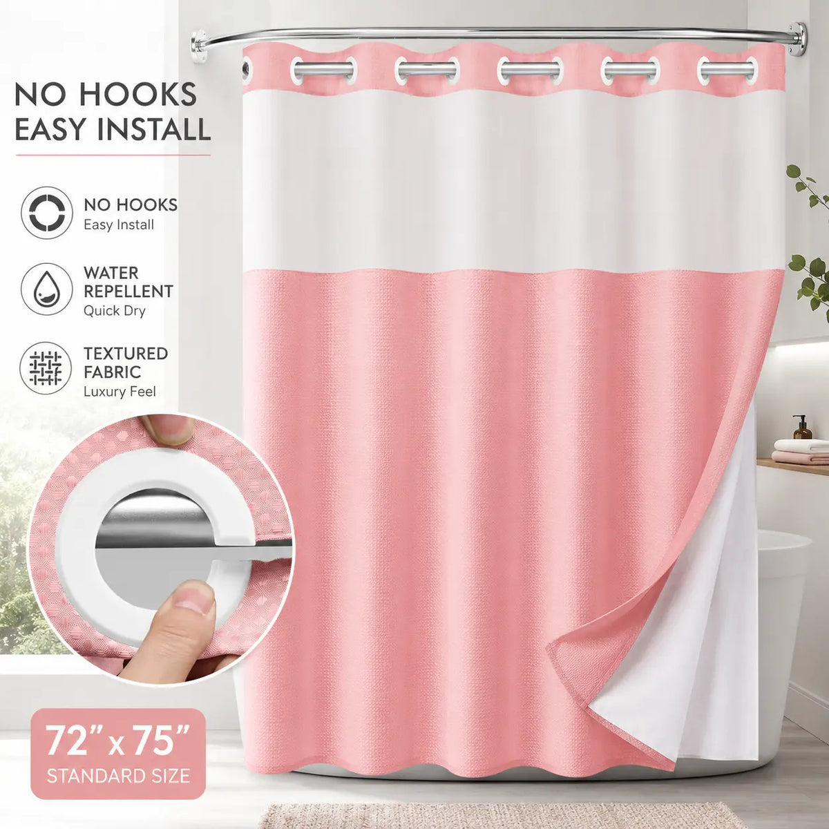 Blush pink hook-free waffle shower curtain