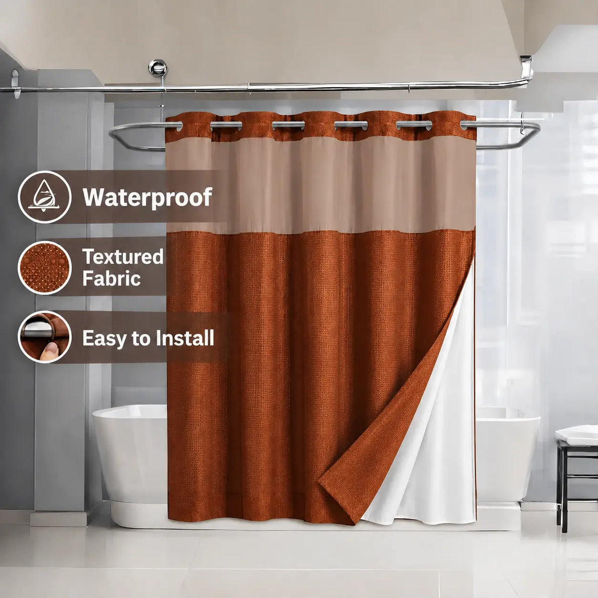 Brown hook-free waffle shower curtain