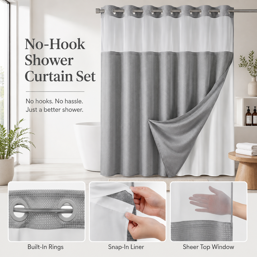 Hook-free shower curtain with built-in rings, snap-in liner, and sheer top window