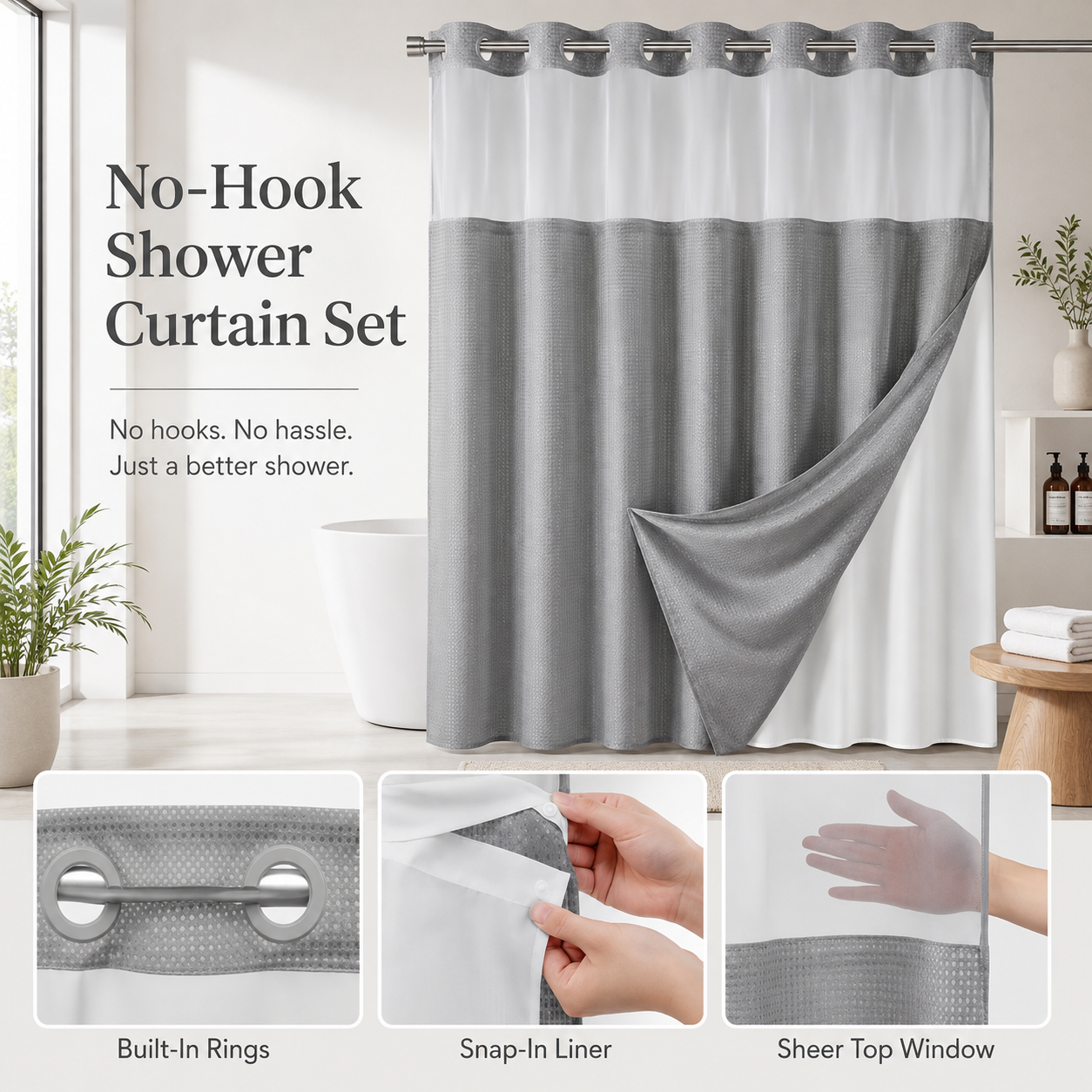 Hook-free shower curtain with built-in rings, snap-in liner, and sheer top window