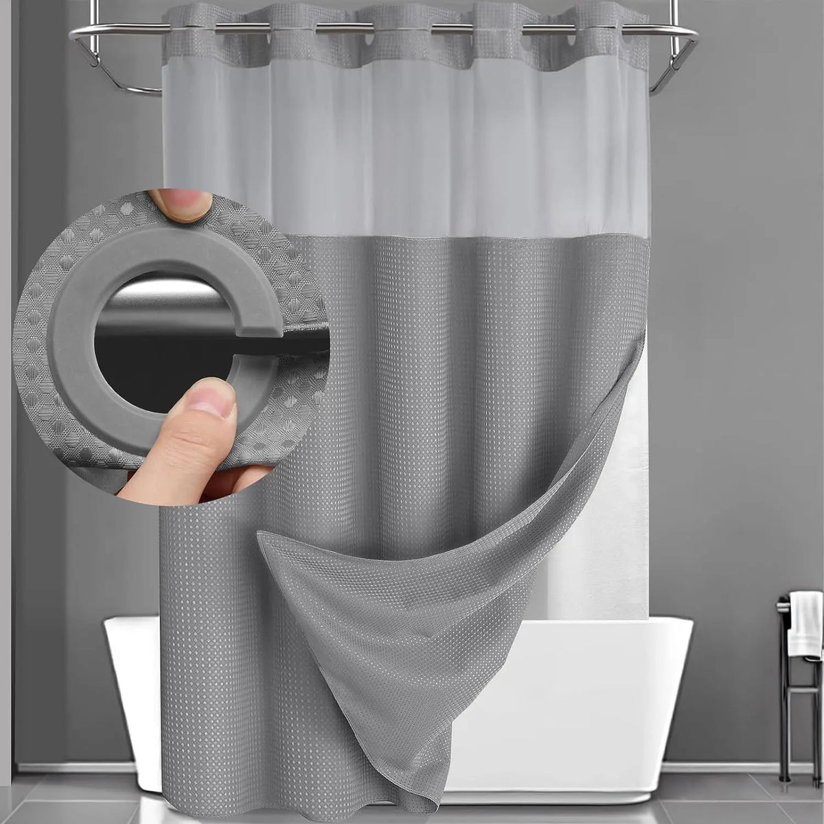 Gray hook-free waffle shower curtain