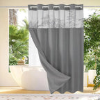 Gray hook-free waffle shower curtain with light-filtering top window
