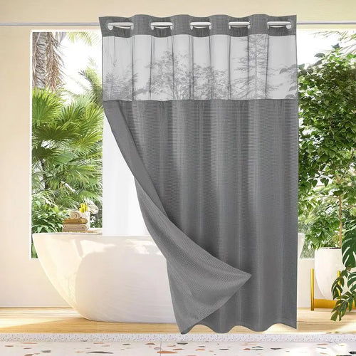 Gray hook-free waffle shower curtain with light-filtering top window