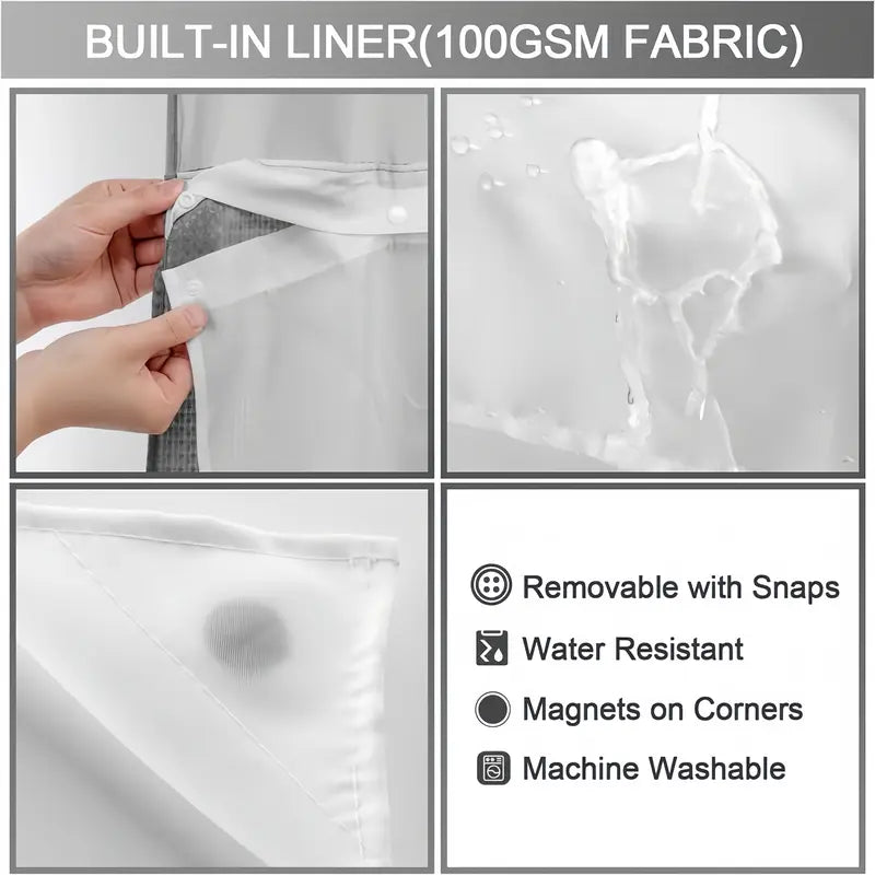 Removable snap-in shower curtain liner with water-resistant fabric