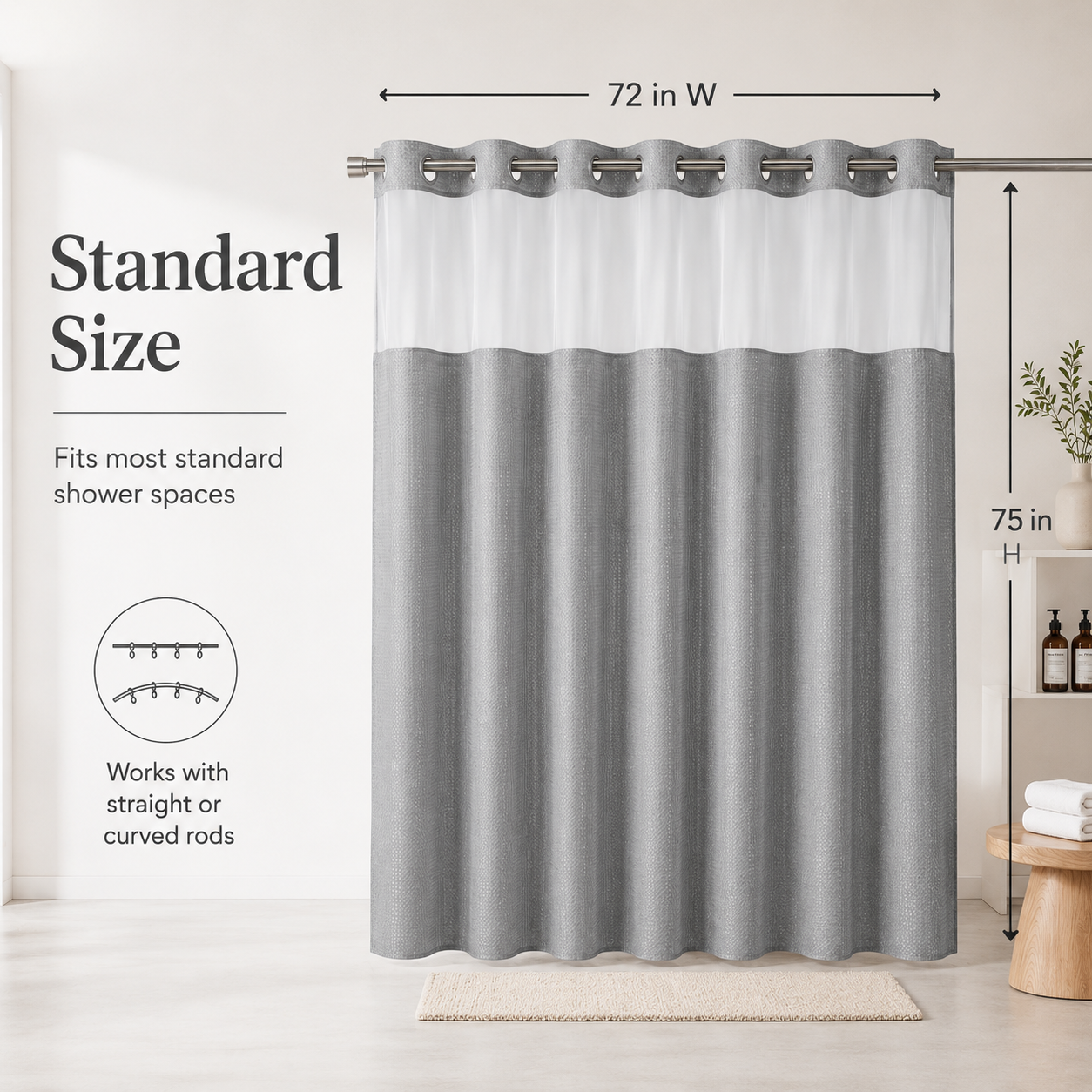 72 by 75 inch shower curtain for straight and curved rods
